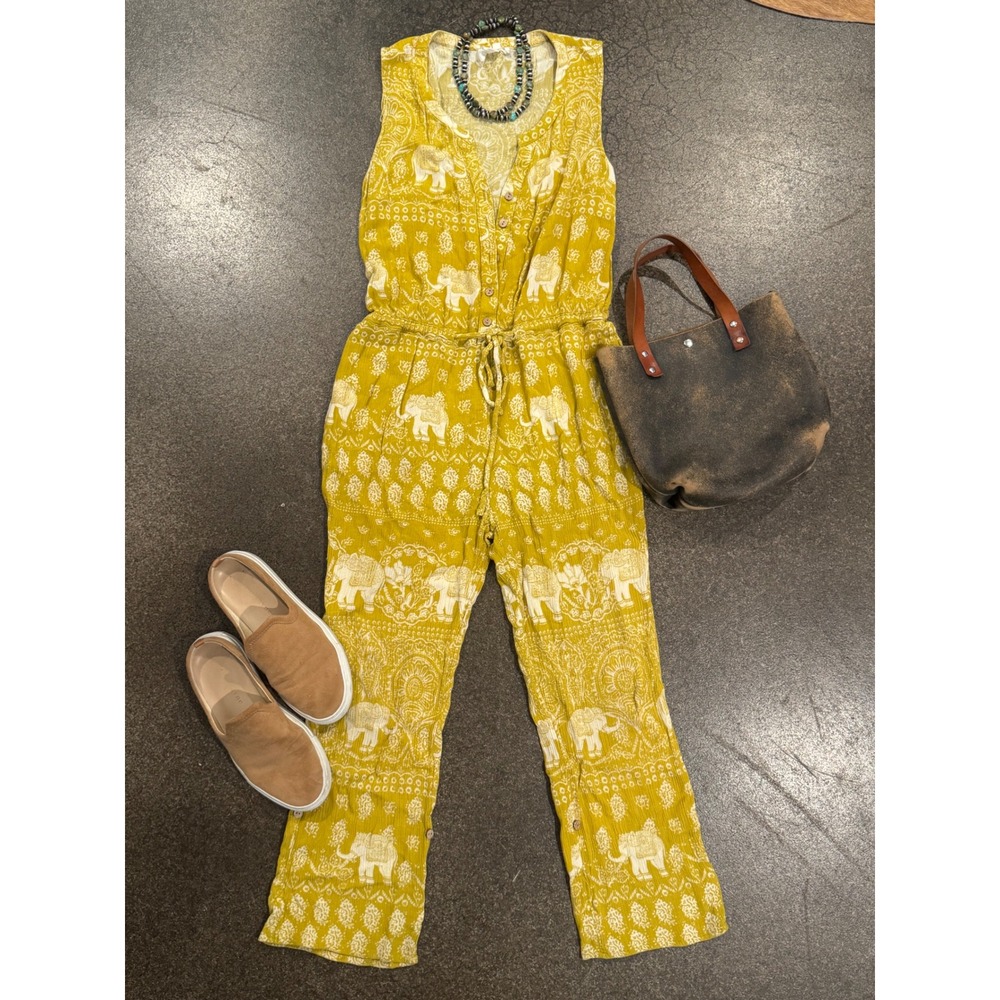 Anthropologie Lilka Yellow Elephant Print Gauze Tank Jumpsuit Tie Waist Small